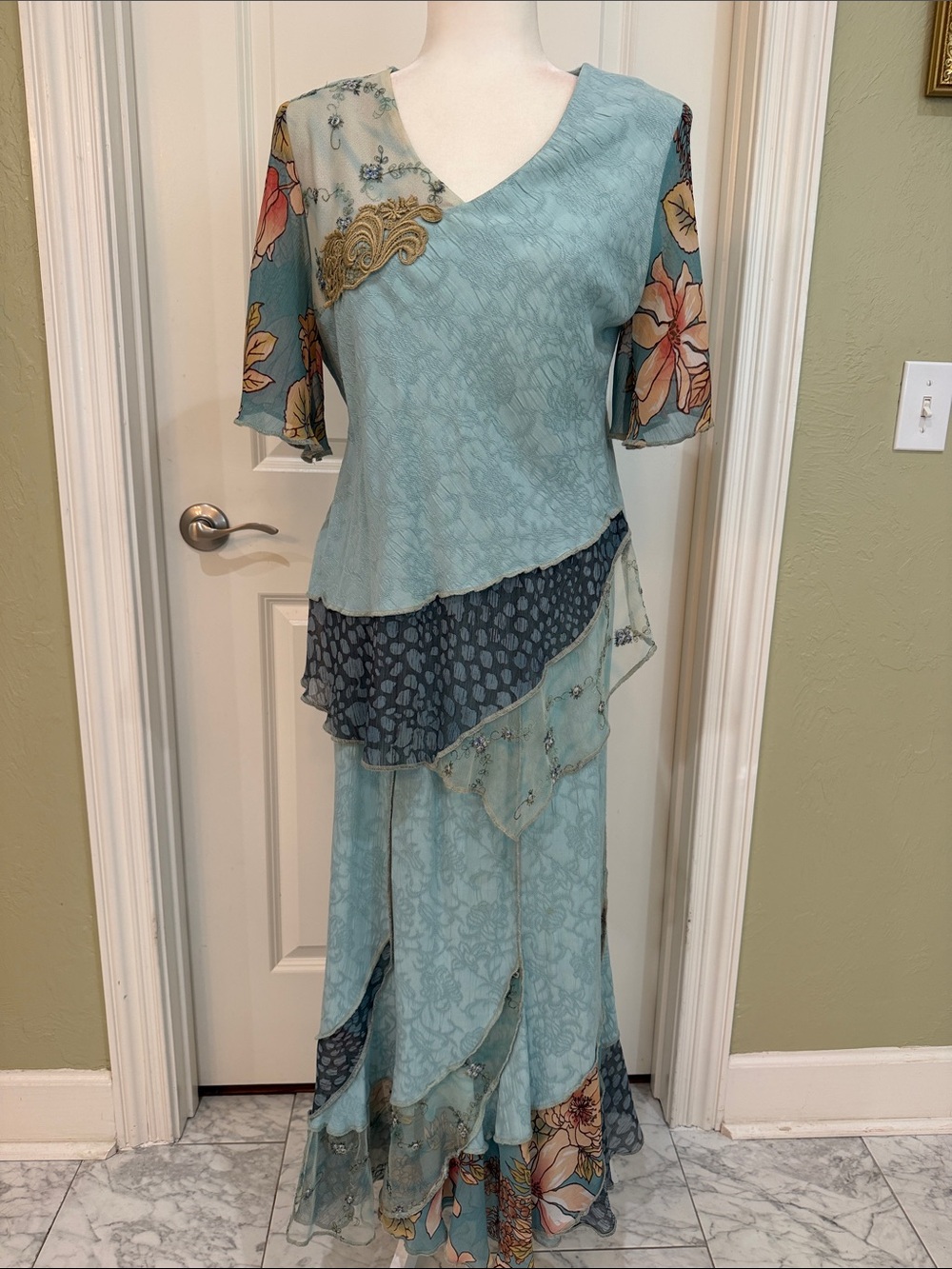 Light Blue Tiered Floral Elegant Silky Dress Feminine Flowy Boho